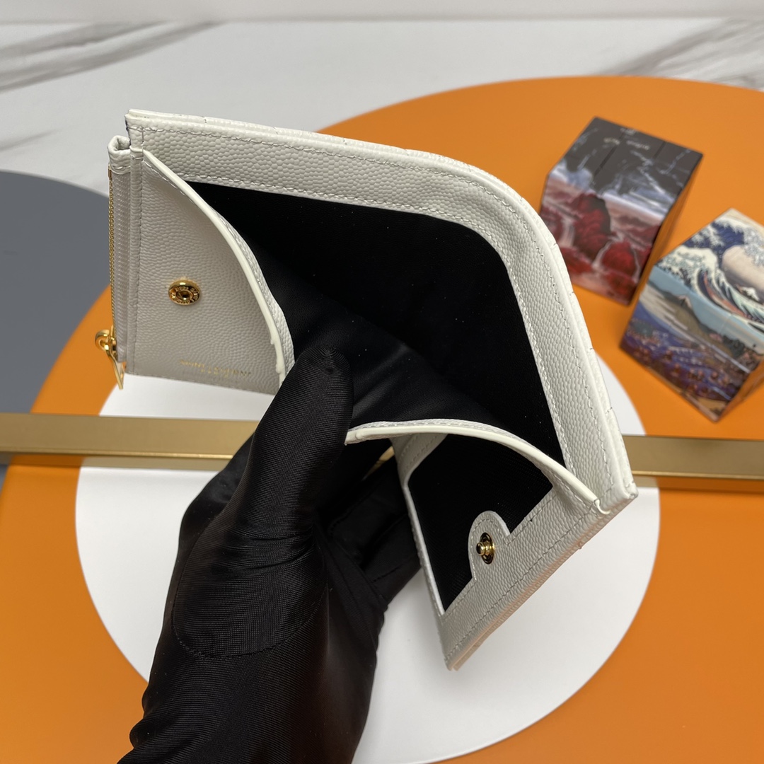 原皮MONOGRAMツーピースファスナー財布は粒子テクスチャ牛革と中央金属連結YSLマーク四合ボタン口8つのカード溝2つの平ポケ